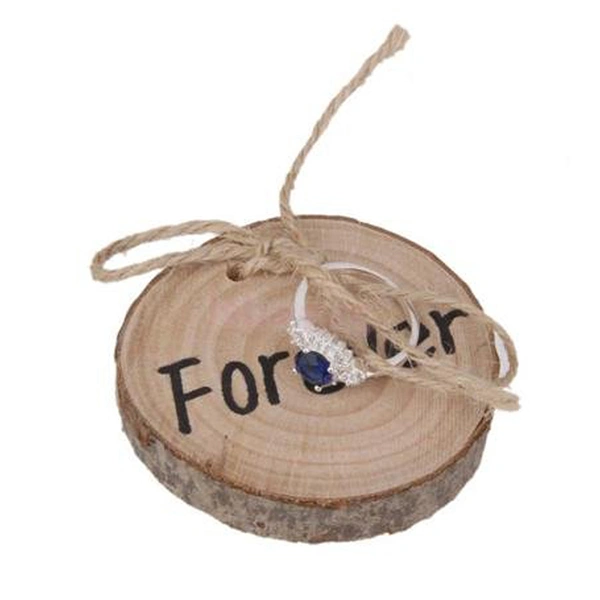 Forever Rustic Shabby Chic Wedding Wooden Ring Bearer Pillow Jute Rope Round