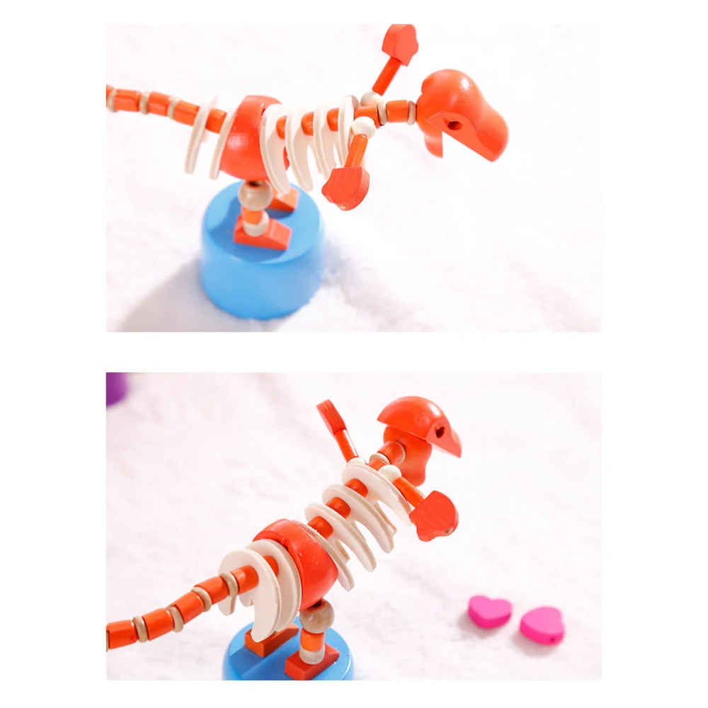 3pcs Children Wooden Cartoon Dinosaur Toy Colorful Skeleton Dancing Rocking Animal Standing Swing Desktop Ornament for Home Kindergarden (Mixed Color)