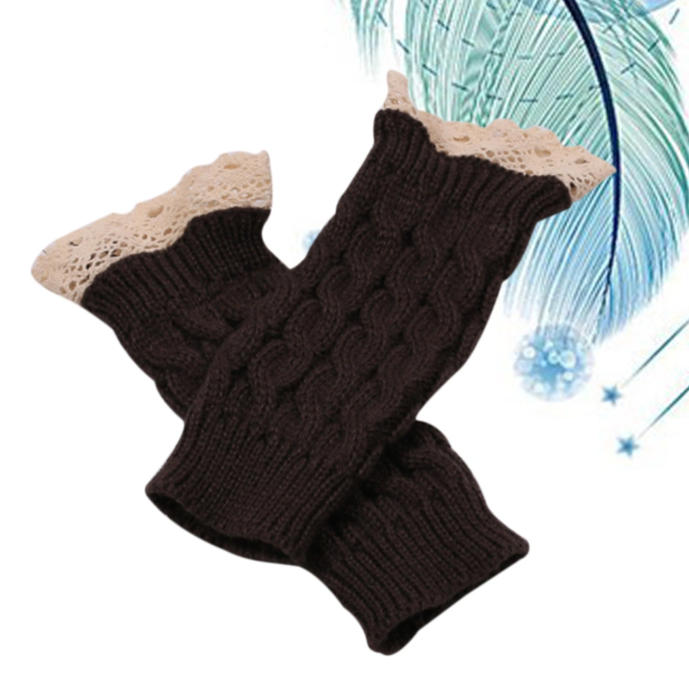 Women's Winter Warm Knitted Crochet Gloves Long Fingerless Lace Arm Warmers Gloves Mittens with Thumb Hole (Coffee)