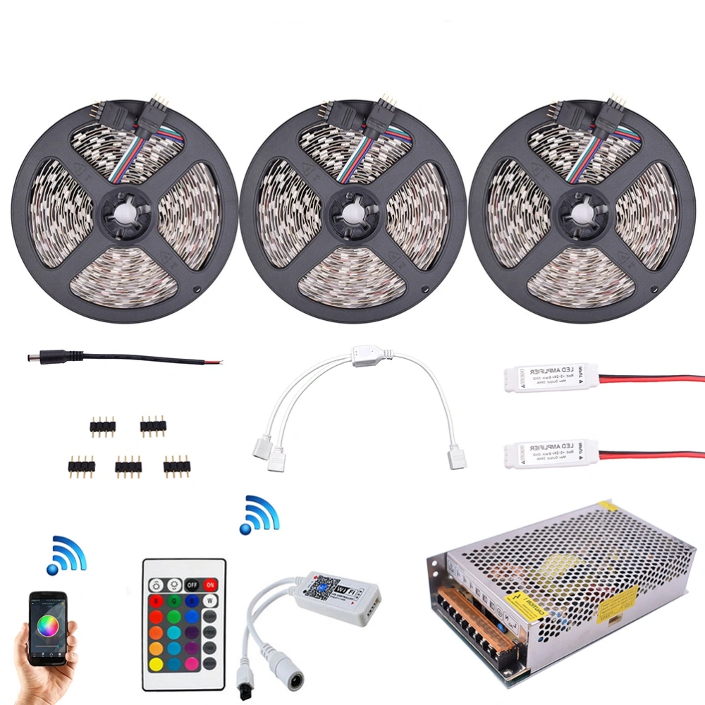 15 Meters SMD 5050 900 LEDs RGB LED Strip Kit IP65 Waterpoof Diode Tape Lights with 2.4G RF Remote RGB Controller Amplifier Wifi APP Control DC12V Power Supply (UK Plug)