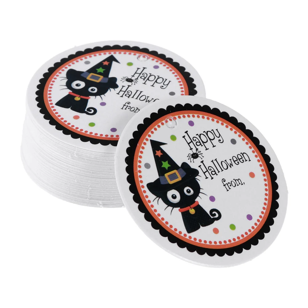 48-50pcs Halloween Gift Tags Message Cards Party Favors Baking Biscuit Candy Treats Bags Boxes Paper Tags Labels (Black Cat)