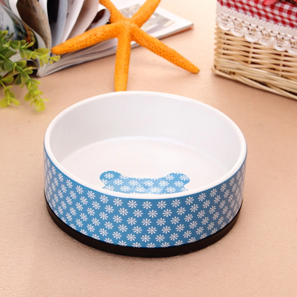 Ceramic Pet Dog Cat Bowl Food Water Feeder Bowl with Rubber Sole (Blue)