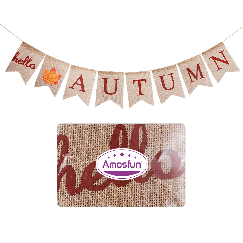 Amosfun HELLO AUTUMN Brown Letter Printing Banner Maple Leaves Bunting Linen Swallowtail Garland Fall Festival Flag Party Supplies Party Layout Decorations