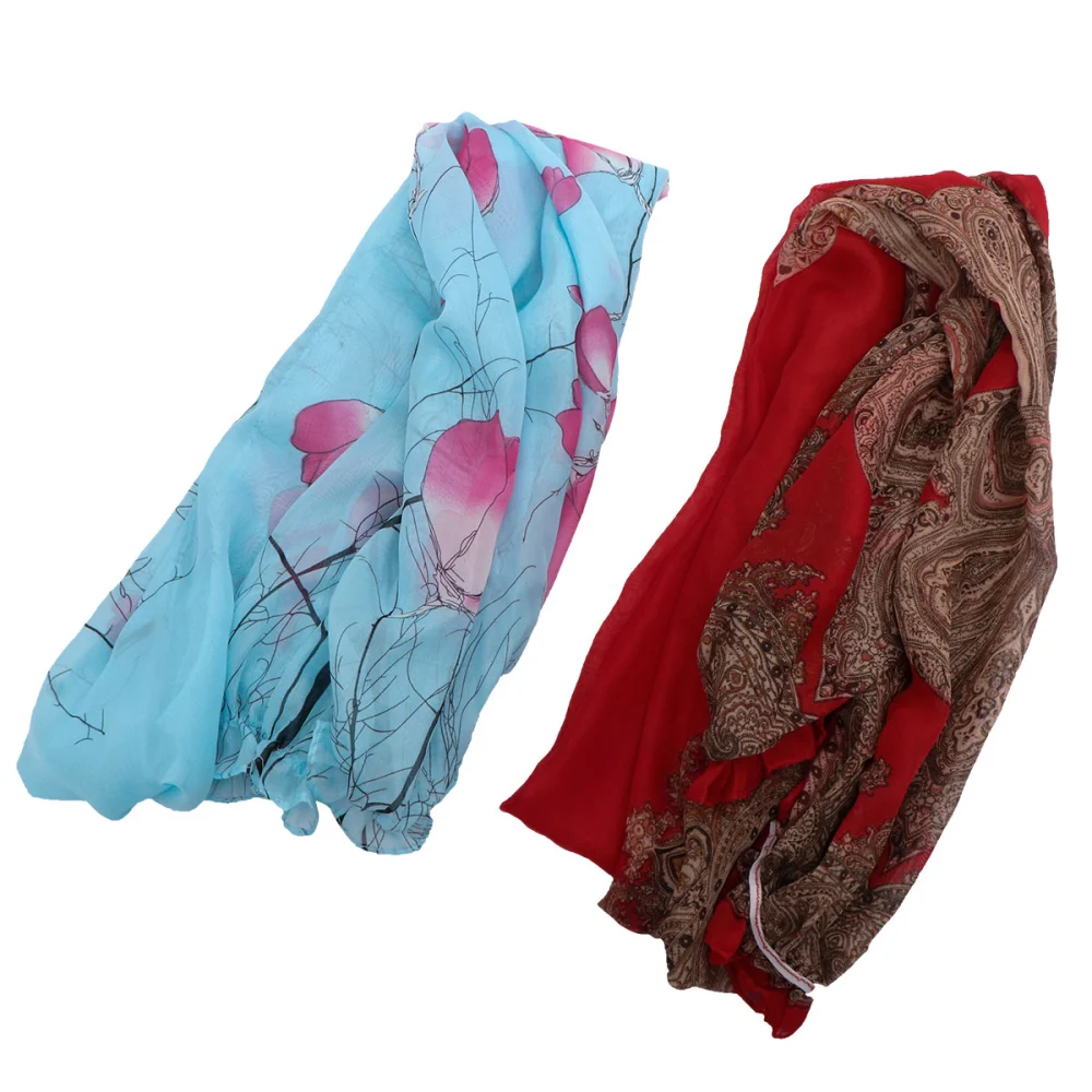 2Pcs Summer Sun-Proof Long Sleeve Ridding Thin Shawl Breathable Chiffon Cape Sun Block Air Conditioning Wrap (Lucky Flower-Red, 160cm, Flower + Sky-blue)