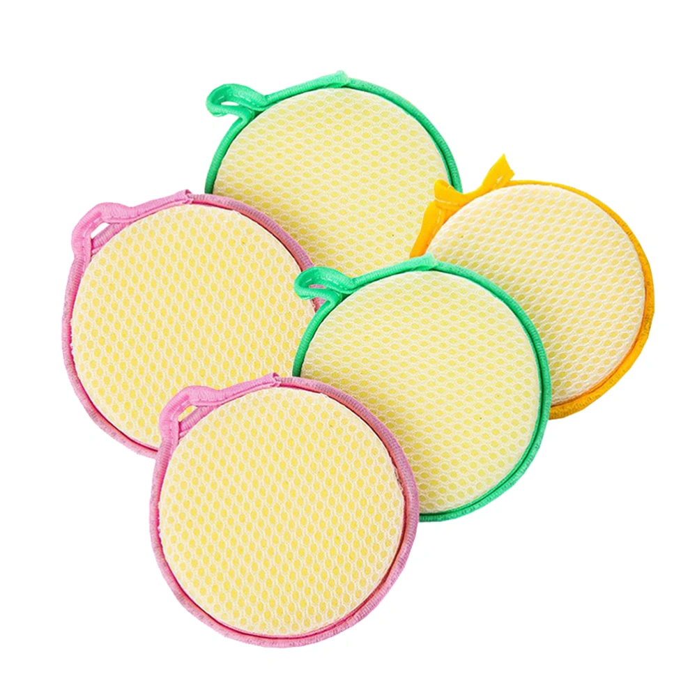 5pcs Double-side Round Sponge Scouring Pad Home Household Kitchen Dishwashing Sponge Cleaning Pad Sponge Cloth (Random Color)