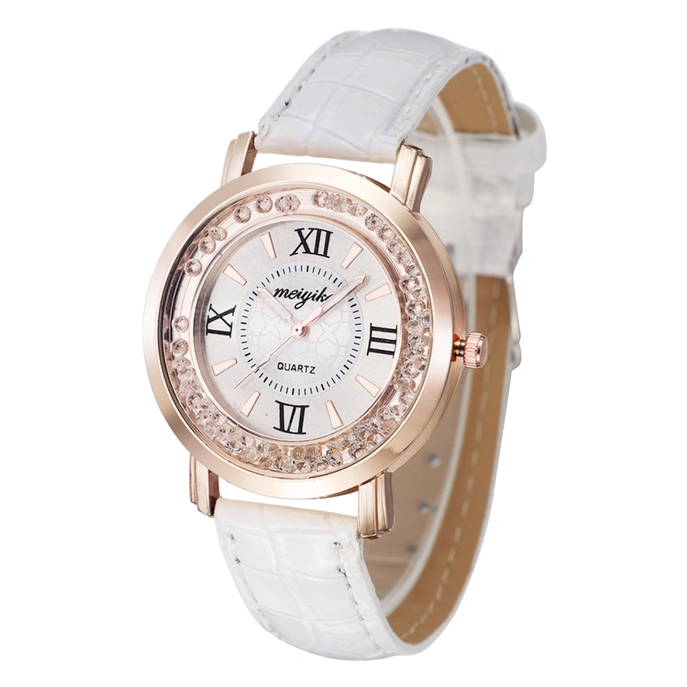 Women Fashion Leather Bracelet Quartz Watch Rhinestone Wristwatch (White)