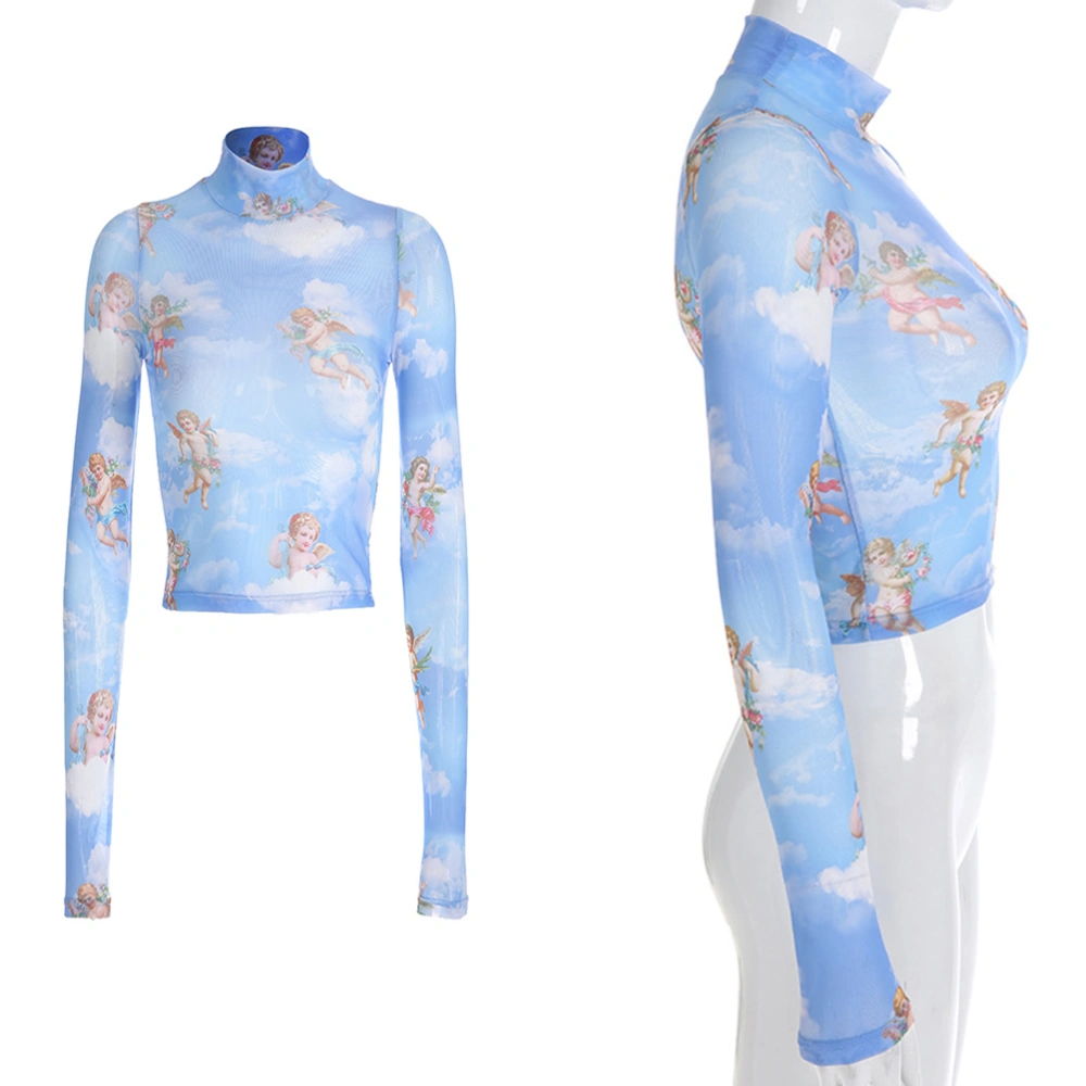 Women Angel Printed T-Shirt See Through Sexy Mesh Midriff-baring Tops Long Sleeve Sheer Summer Tops - Size L (Light Blue)