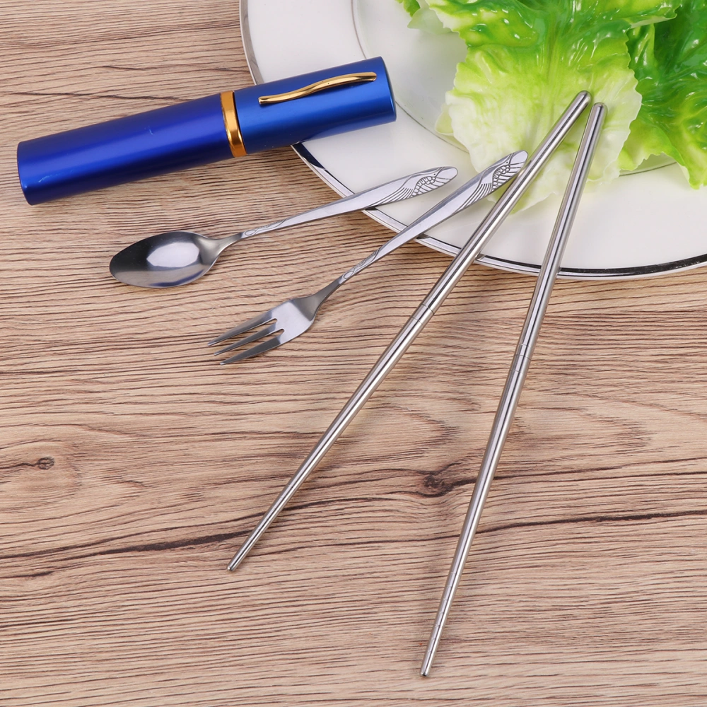 Stainless Steel Portable Tableware Set Dinner Service Folding Chopsticks Spoon Fork Cutlery Set with Case for Travel Home Camping (Blue)