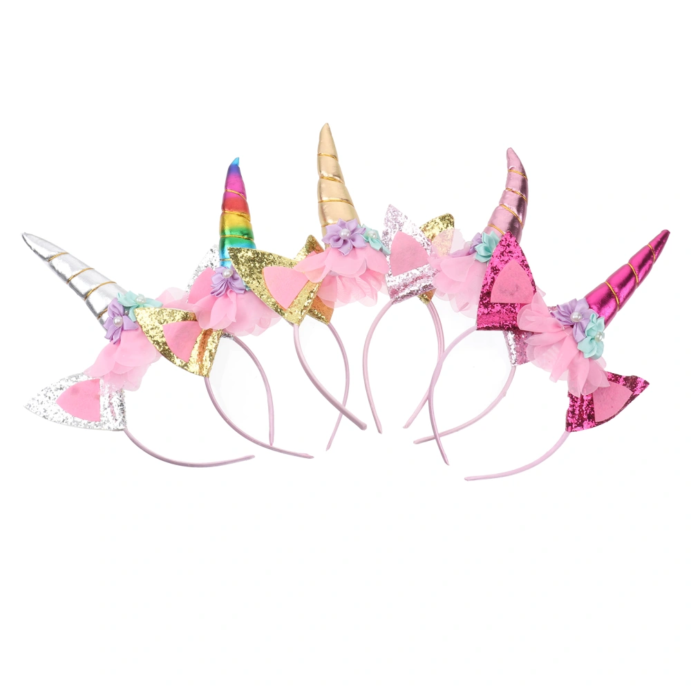 5pcs Unicorn Headband Flower Hair Party Favor Headdress Headpiece For Kids Children (Silver + Color + Rose + Gold + Pink)