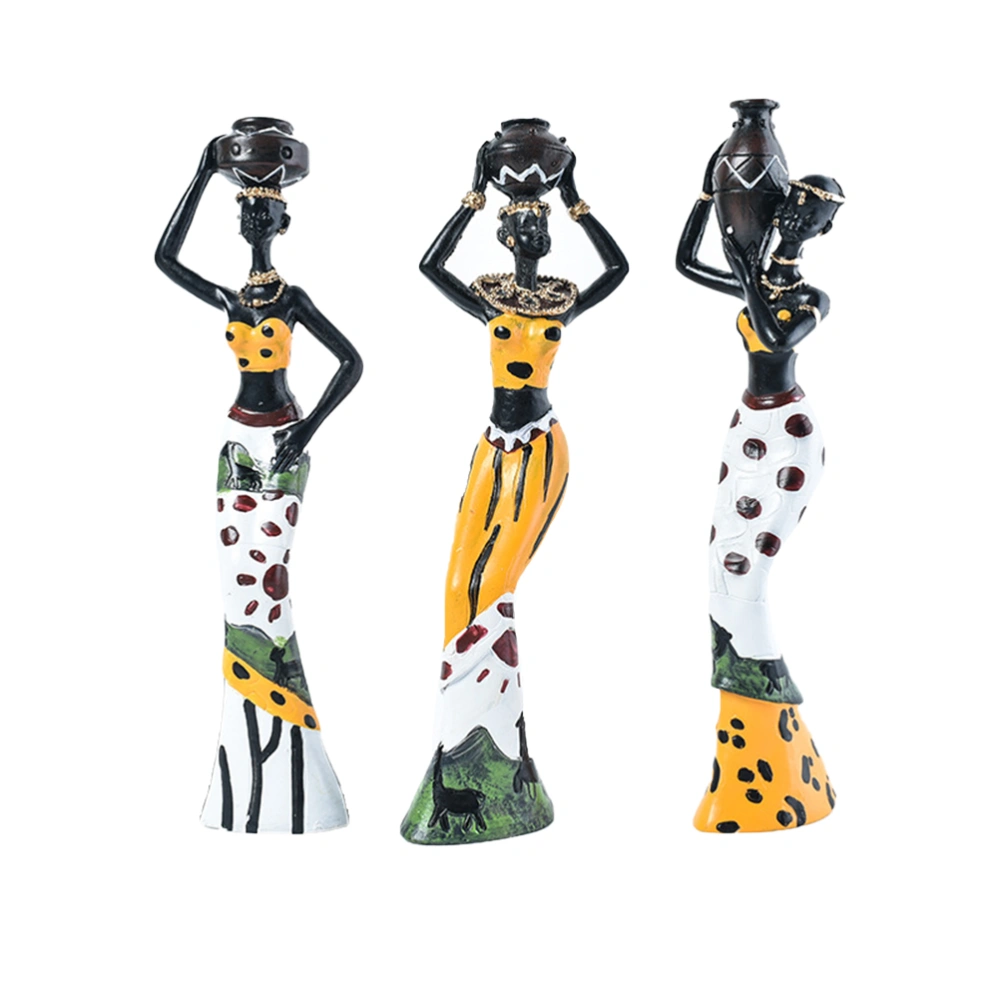 3PCS African Women Resin Crafts Modern Statue Sculpture Elegant Figurines Creative Table Ornament for Home Decor Living Room (Yellow)