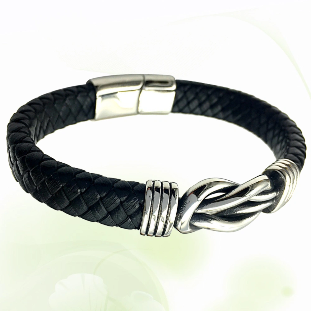 Genuine Leather Bracelet Stainless Steel Buckle Chain Vintage Punk Wrist Chain (Black)