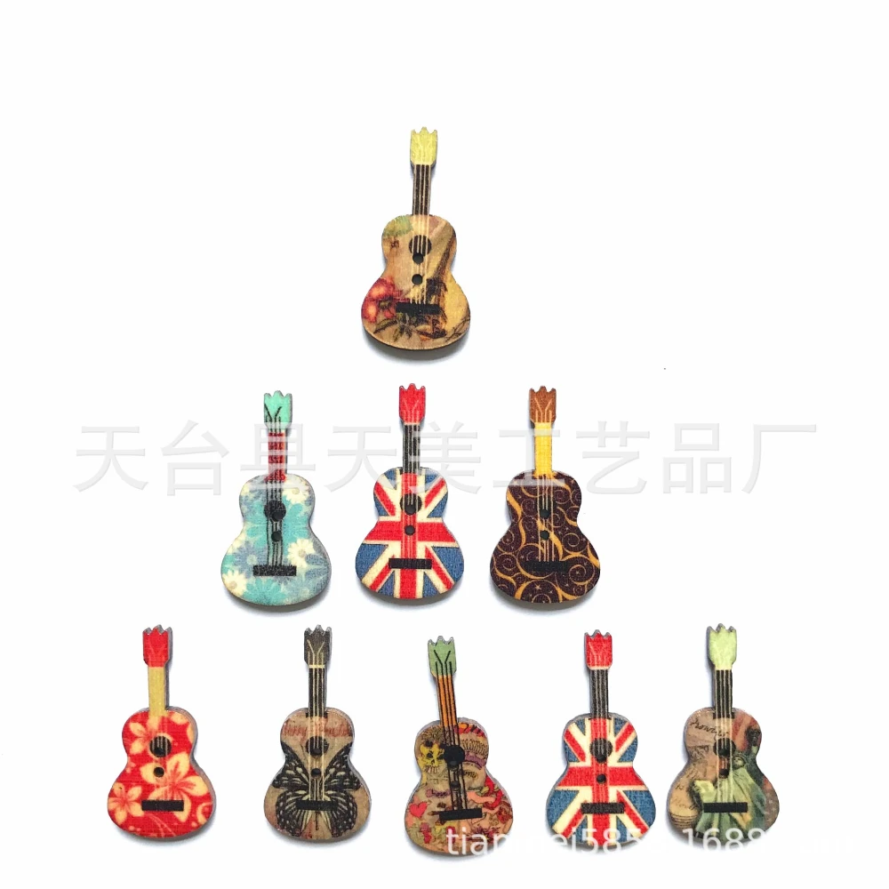 50pcs Wood Buttons Guitar Shape Buttons DIY Buttons for Crafting Halloween Guitar Buttons Random Color