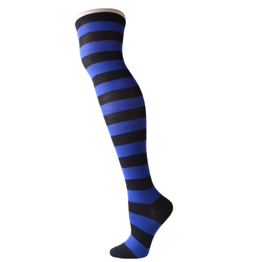 Pair of Women's Blue and Black Wide Striped Thigh High Over the Knee Stocking Socks (Blue & Black)