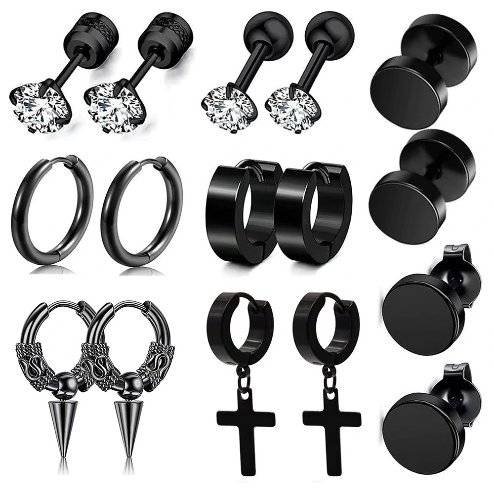 8 Pairs Men Ear Studs Hoop Earrings Dangle Hoops Set Stainless Steel Earrings for Men
