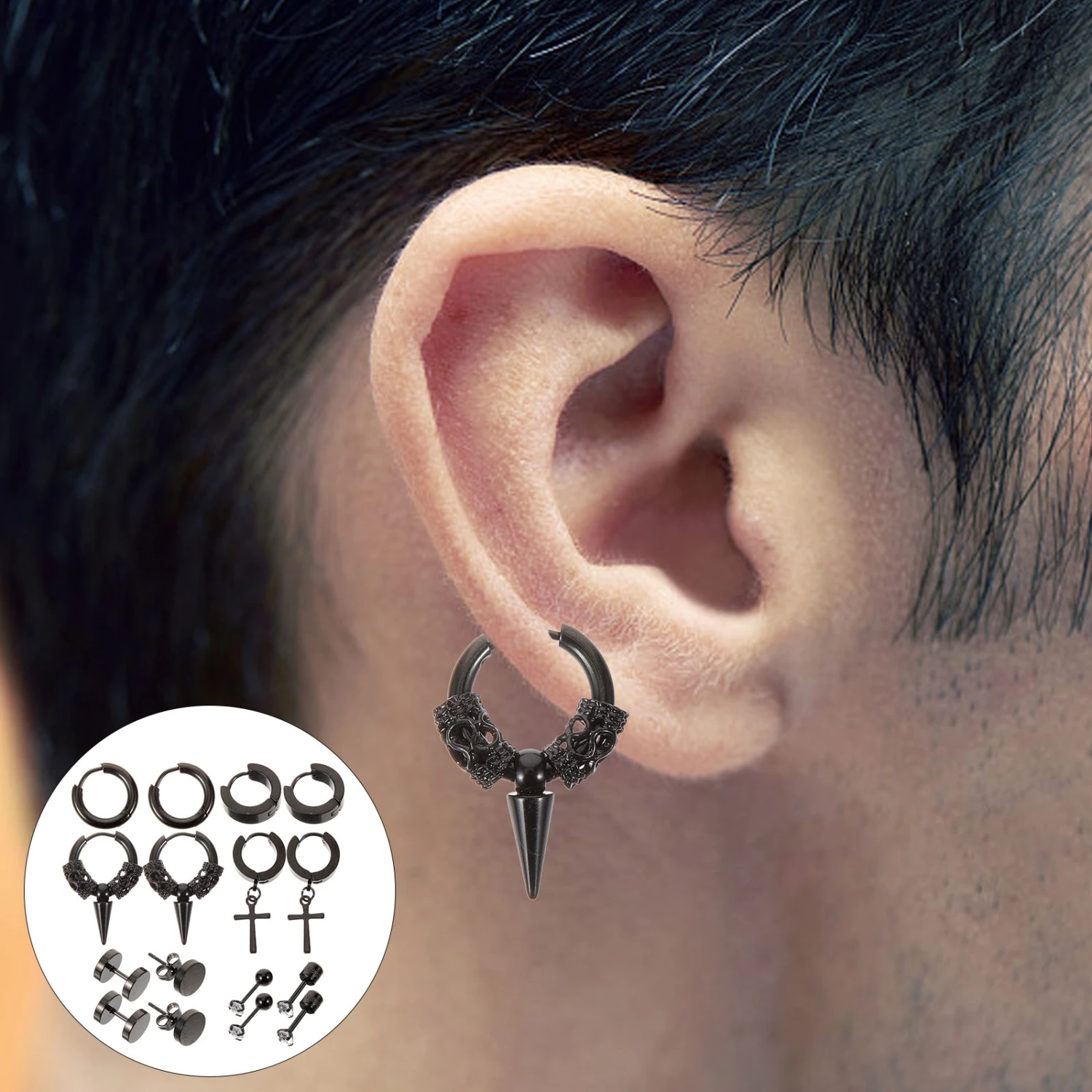 8 Pairs Men Ear Studs Hoop Earrings Dangle Hoops Set Stainless Steel Earrings for Men