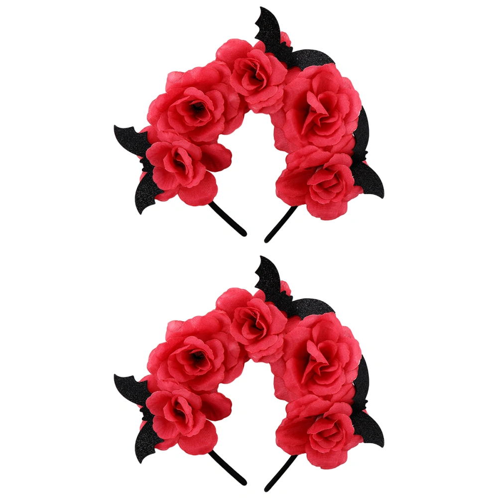 2pcs Halloween Bat Headdress Women Hair Accessories Rose Flower Headband (Red)