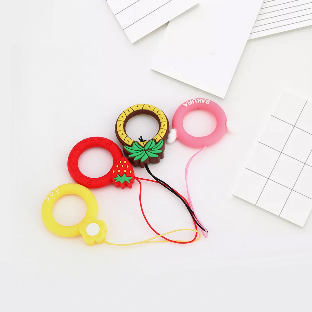 1 Set 4Pcs Finger Ring Lanyard Cell Phone Ring Hanging Lanyard (Yellow Pink Red)(Mixed Style)