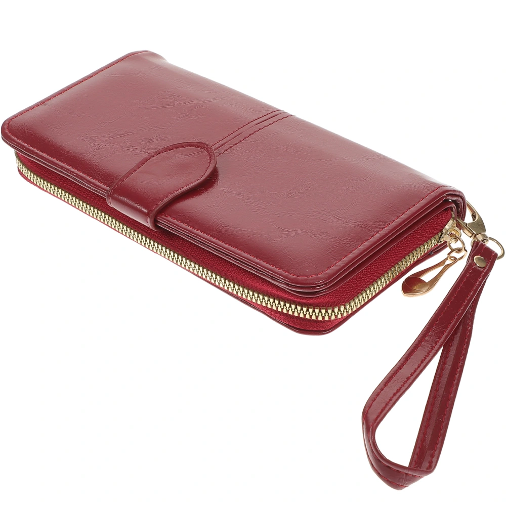 Multi-function Retro Oil Wax Leather Wallet Long Paragraph Oil Skin Coin Clip Mobile Phone Bag Large Capacity Bag Retro Women Purse(Wine Red)