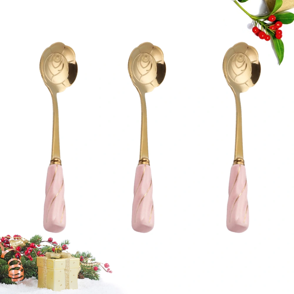 3 Pcs Stainless Steel Spoons Ceramic Handle Cake Spoon Petal Shaped Heads Stirring Coffee Spoons for Honey Milk Tea Cocktail Dessert - Rose(Pink Gold)