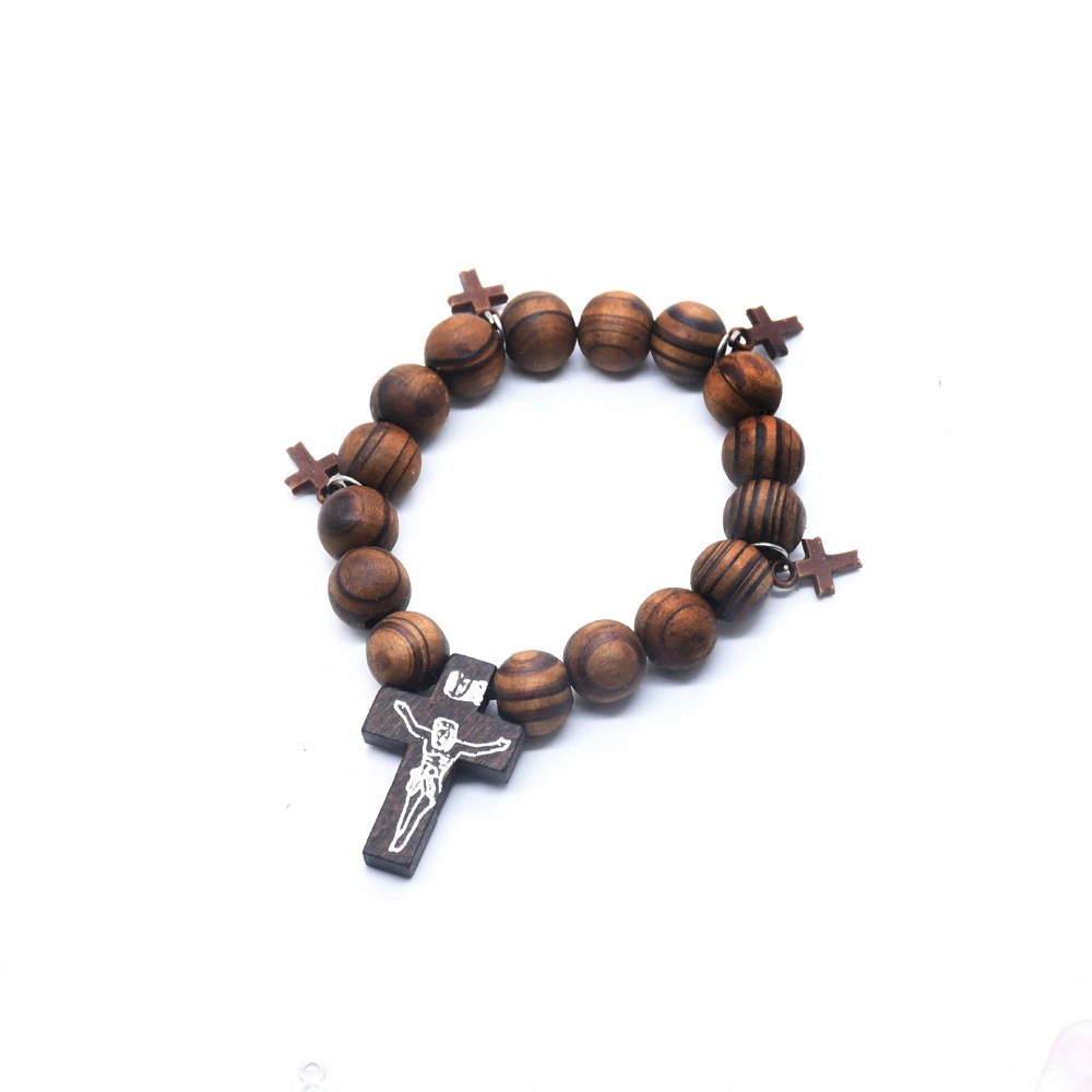 Cross Bracelet Wooden Beads Beaded Elastic Bracelet Cross Hand Jewelry Wrist Jewelry Bracelet