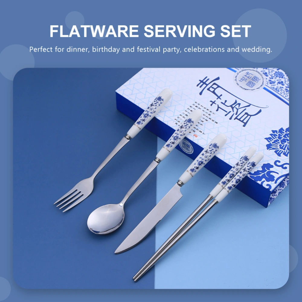 1 Set Porcelain Handle Stainless Steel Flatware Cutter Fork Spoon Kit for Home