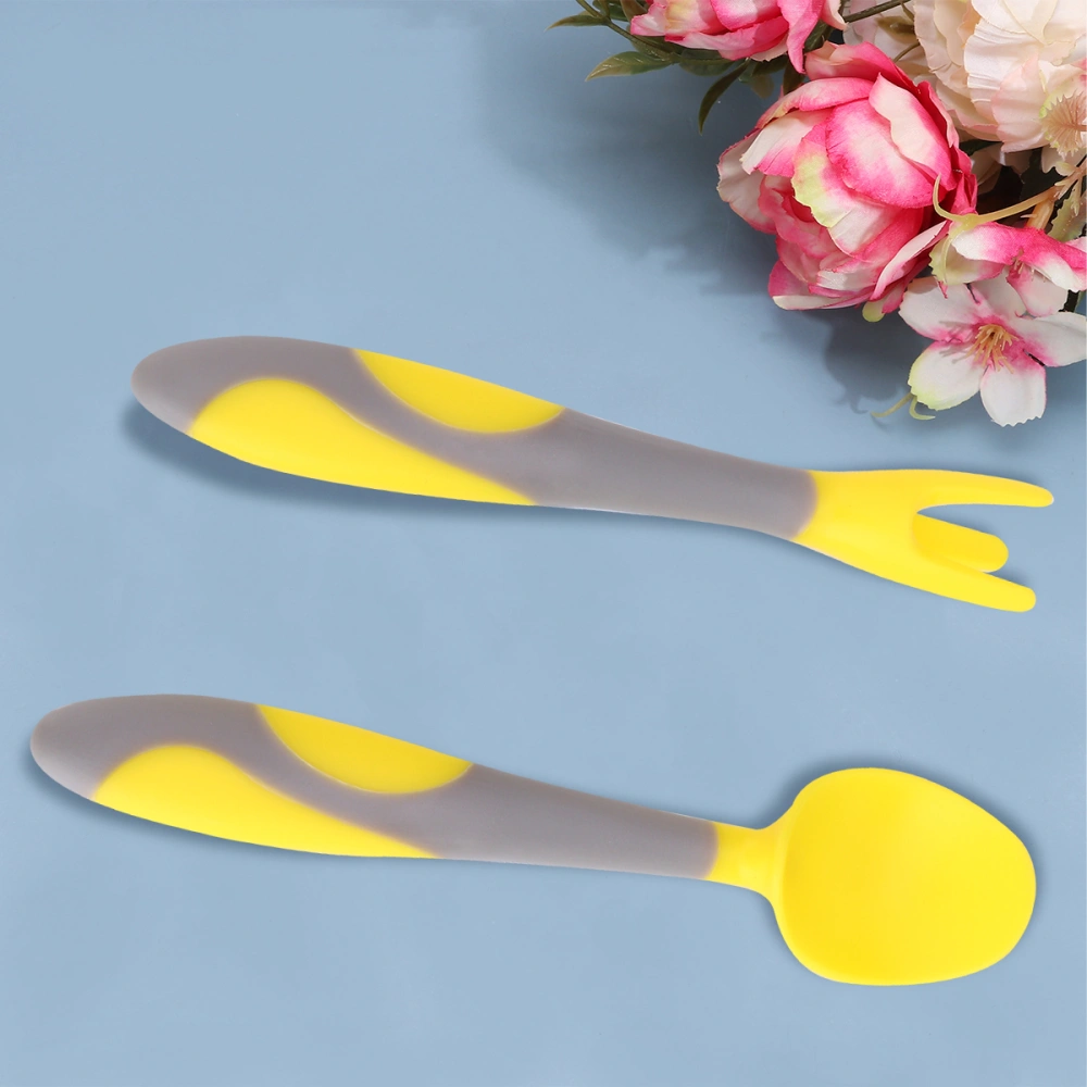 1 Set of Kids Training Tableware Lovely Easy Grip Eating Practice Spoon Fork Utensil for Toddlers (Yellow)