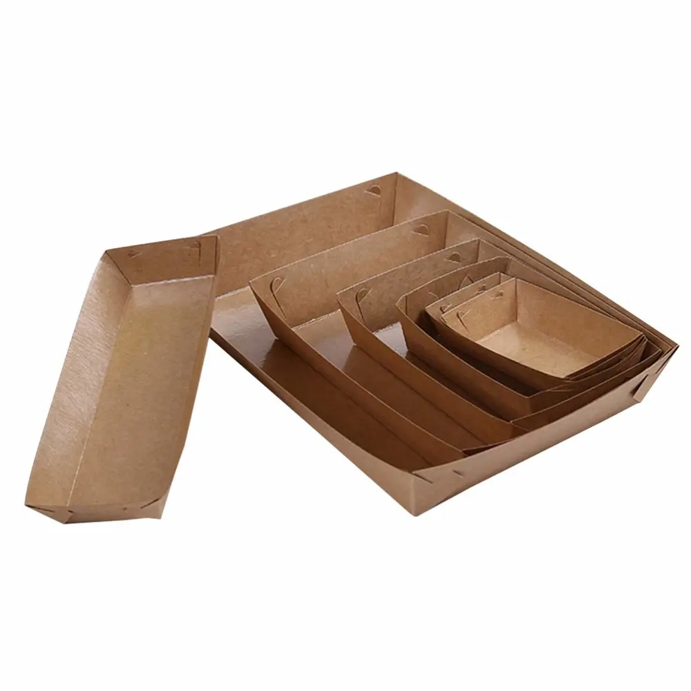 5 Pcs Disposable Paper Food Serving Tray Kraft Paper Coating Boat Shape Snack Open Box French Fries Chicken Box (20 x 6 x 3cm)