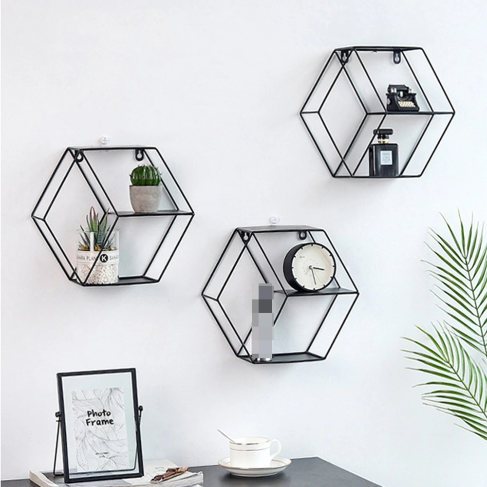 Creative Nordic Style Hexagon Storage Rack Wrought Iron Double-Layer Wall Shelf Bedroom Living Room Wall Hanging Ornament Finishing Rack - Without Nails (Black)