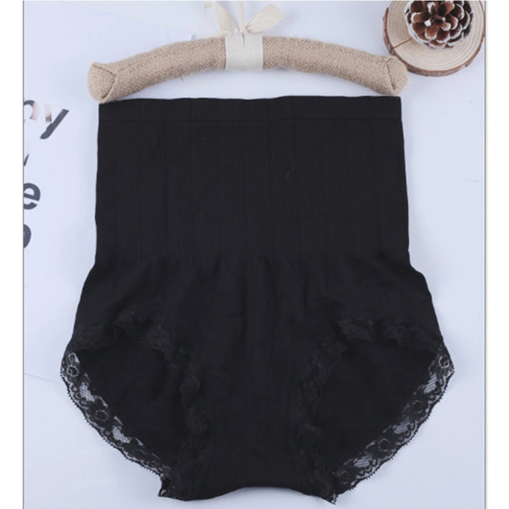 Women High Waisted Briefs Abdomen Shapewear Underwear Lace Trim Panties for 37.5 to 90kg (Black)