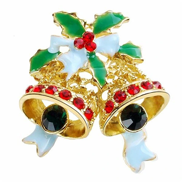 Beautiful Sparking Gold Plated Red Crystal Rhinestones Decor Christmas Bell Style Brooch Breast Pin