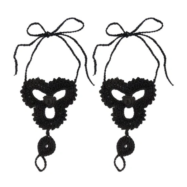 Pair of Women Girls Crochet Beach Barefoot Sandal Anklet Chain (Black)