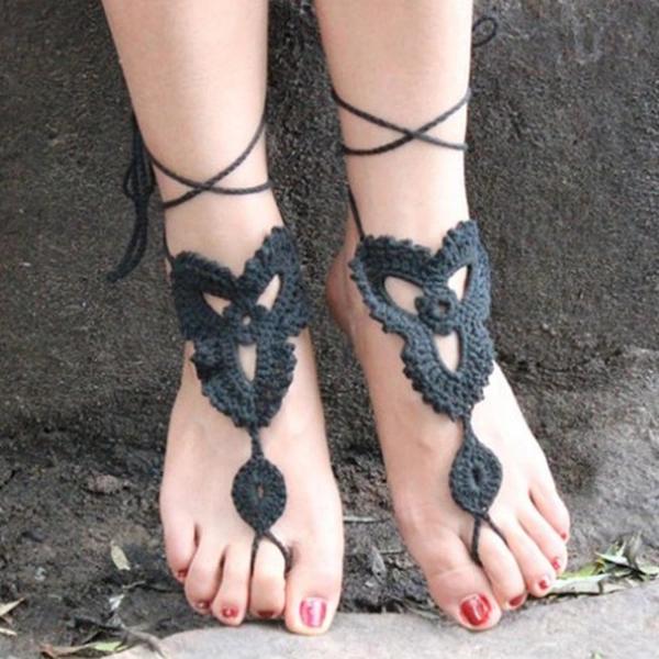Pair of Women Girls Crochet Beach Barefoot Sandal Anklet Chain (Black)