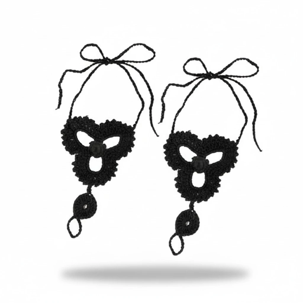 Pair of Women Girls Crochet Beach Barefoot Sandal Anklet Chain (Black)