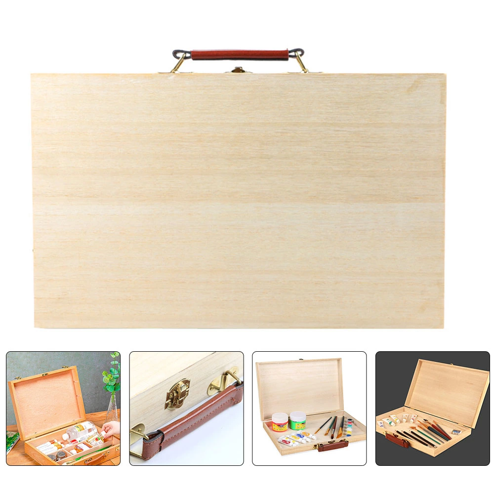 1Pc Handle Empty Box Painting Pen Storage Wooden Box Painting Paint Tray Box