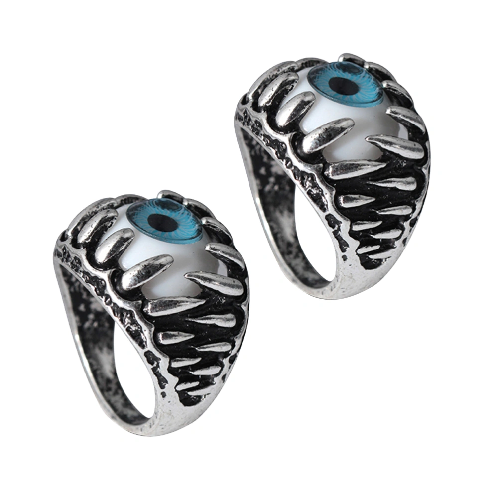 2pcs Men's Dragon Claw Evil Devil Skull Eyeball Ring Gothic Biker Unique Eyes For Halloween (Blue)