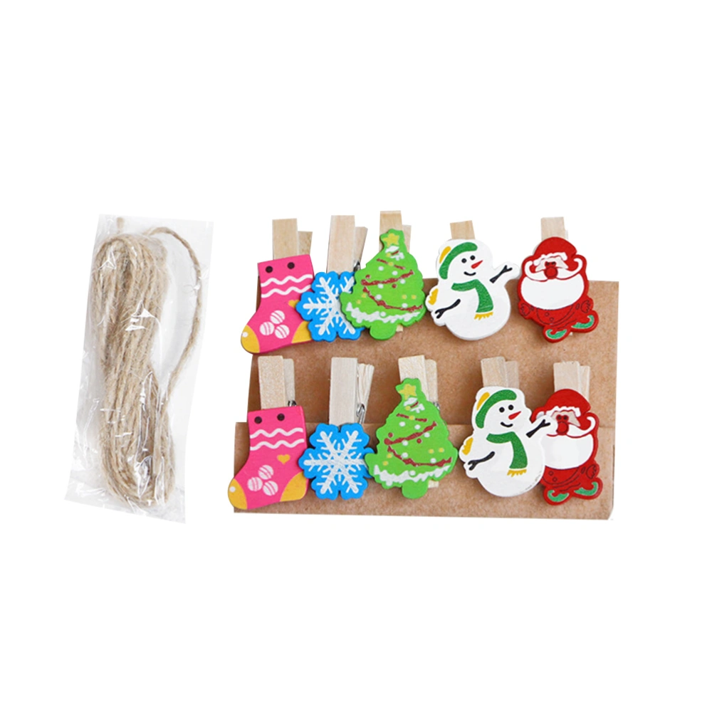 30pcs Christmas Decorative Photo Clips Mini Wooden Clamp Cartoon Memo Clips with Rope