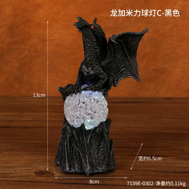 Halloween Dragon Statue Desktop Resin Animal Sculpture with Light-Up Ball