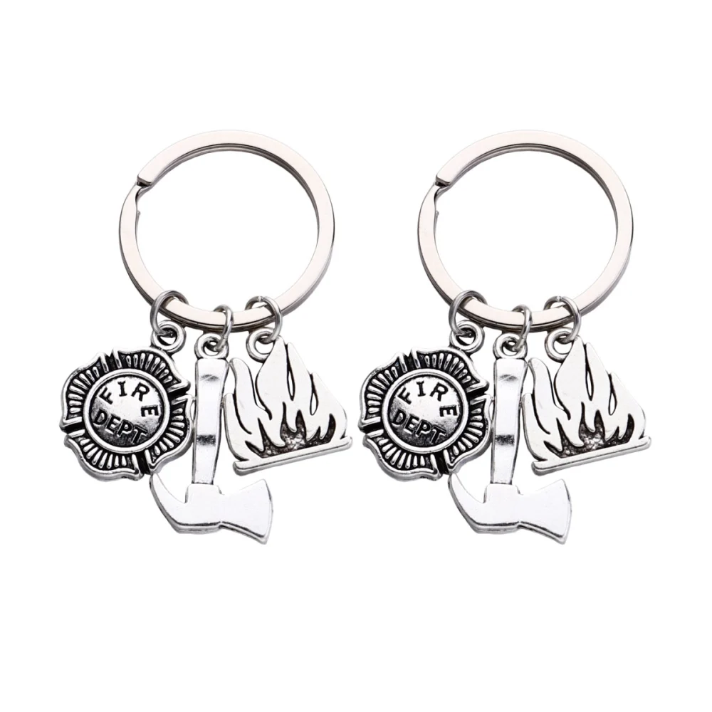 2pcs Badge and Fire Ax Design Keychains Theme Key Rings Pendant Key Holder Craft Ornaments Gift