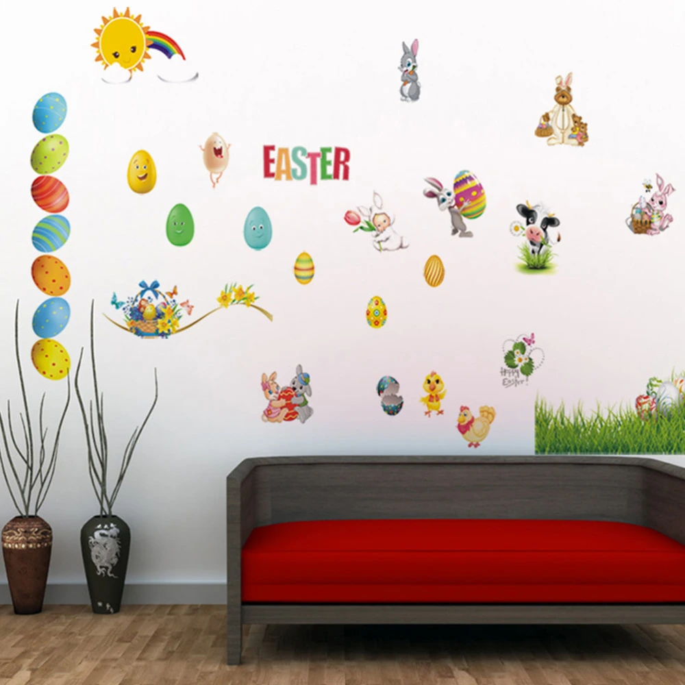 1Pc Easter Eggs Colorful Wall Sticker Living Room Rabbit Decal Festival Decor