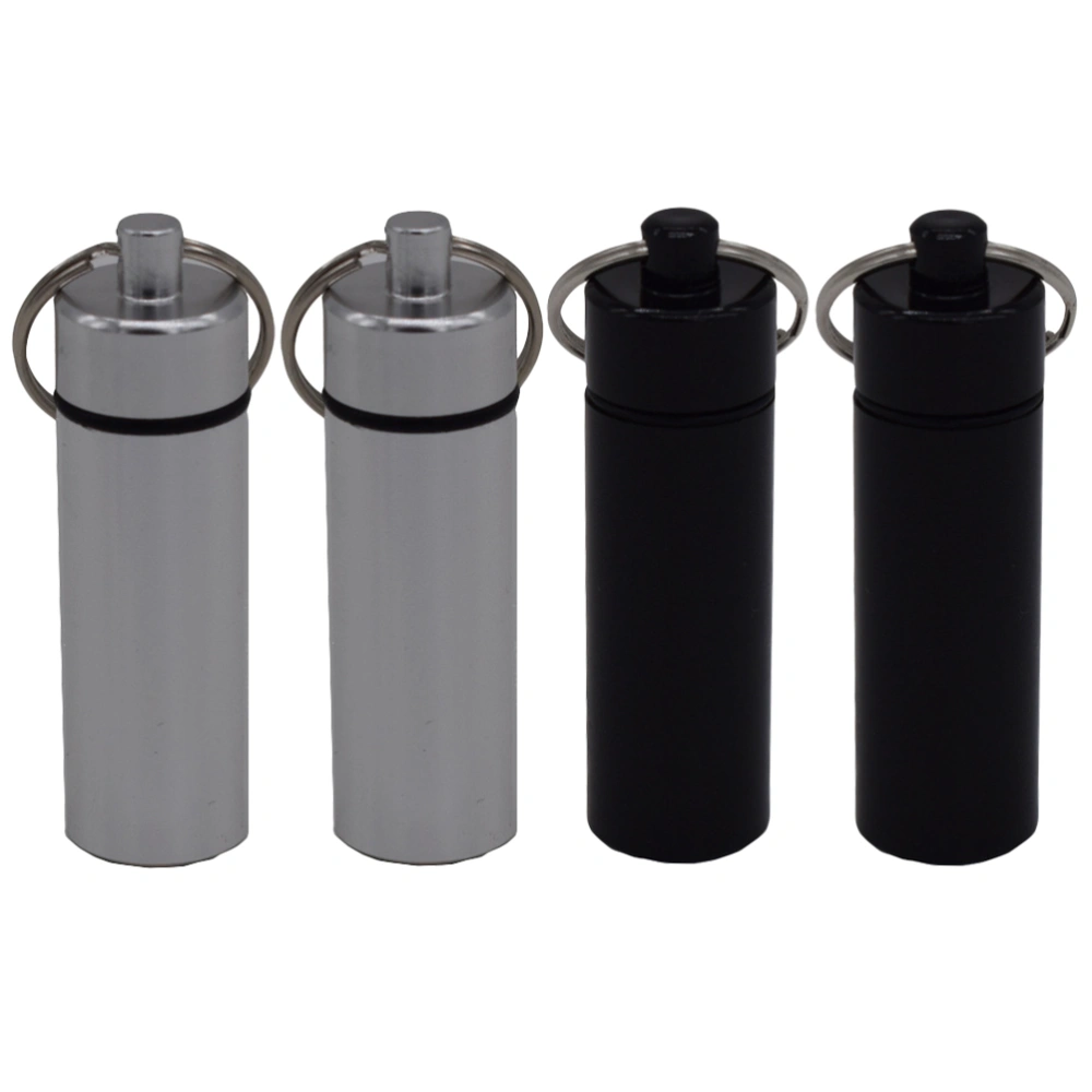 4pcs Mini Pill Case Aluminum Alloy Keychain Pill Bottle Holder Waterproof Pill Case Box Pill Holder Container (Silver and Black)