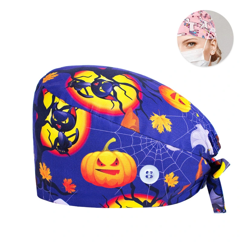 Halloween Style Scrub Cap Cotton Nurse Tie Back Delicate Hat Nurse Cap for Daily Use