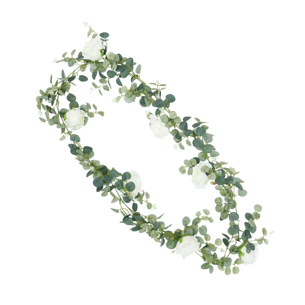 Simulation Rattan Wall Decor Artificial Eucalyptus Leaf and White Rose Ornaments Hanging Vine Garland (1.95m)