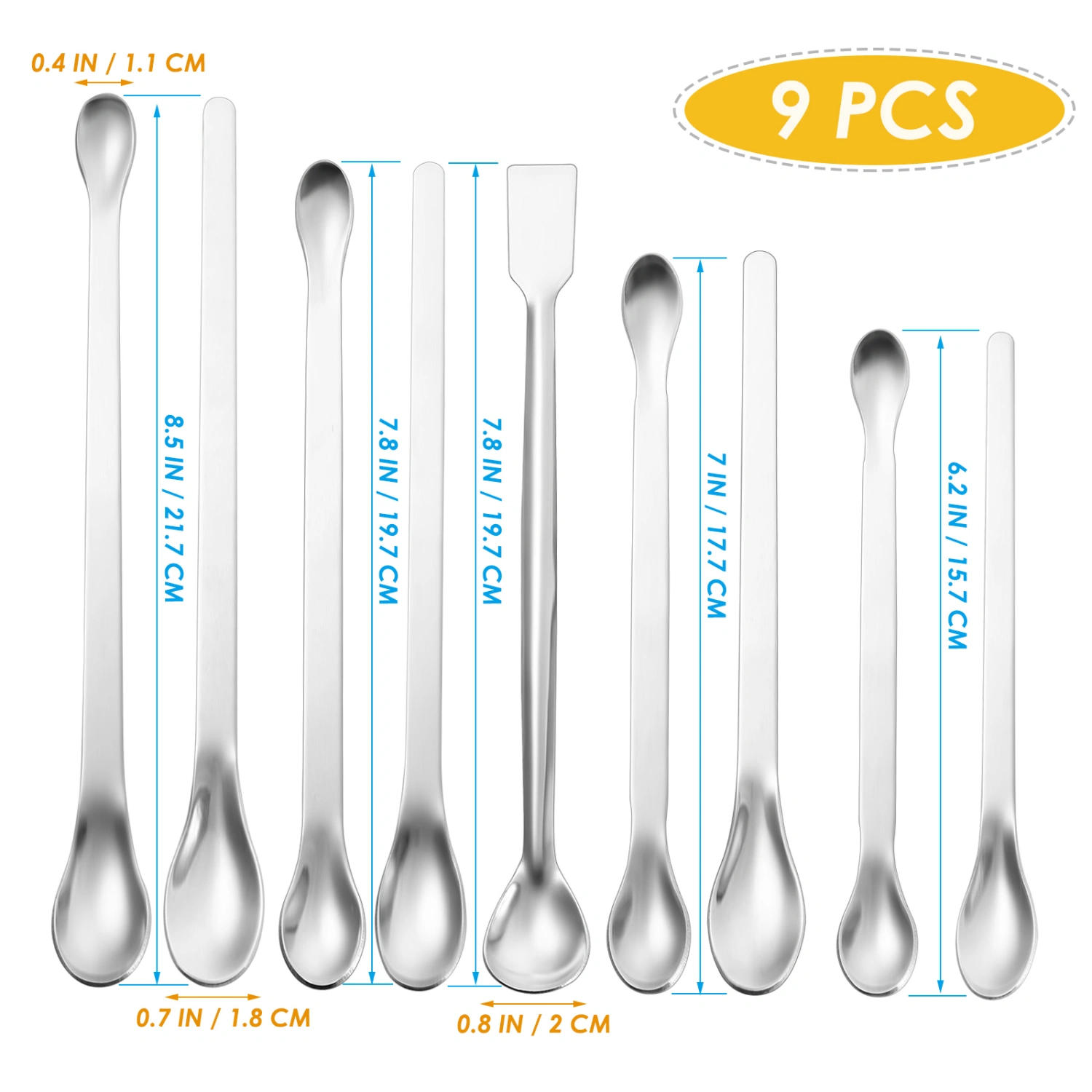 VILLCASE 9pcs Stainless Steel Sampling Spoons Laboratory Scoops Double End Single End Spoons (Silver)