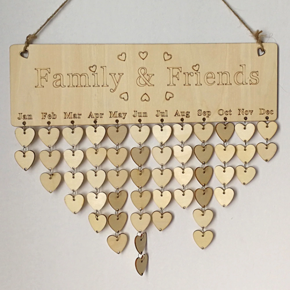 Family Friends Birthday Reminder Wooden Plaque Board Hanging Calendar Gift for Home Decoration (1xPlaque + 1xRope + 50xLove Heart Shape Accessory)