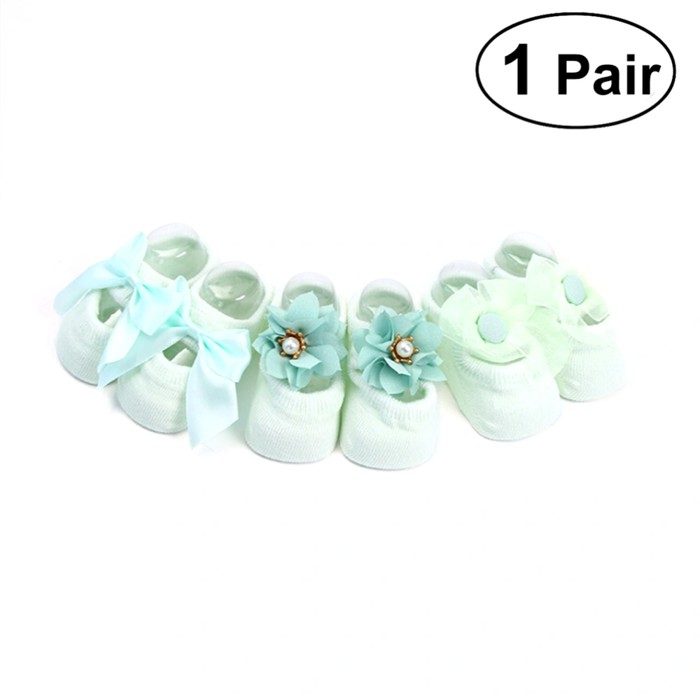 1 Pair Baby Cotton Socks for Girl Toddler Newborn Infant Anti Lace Flower Bow Tie Floor Socks - Size M(Green, Random Style)