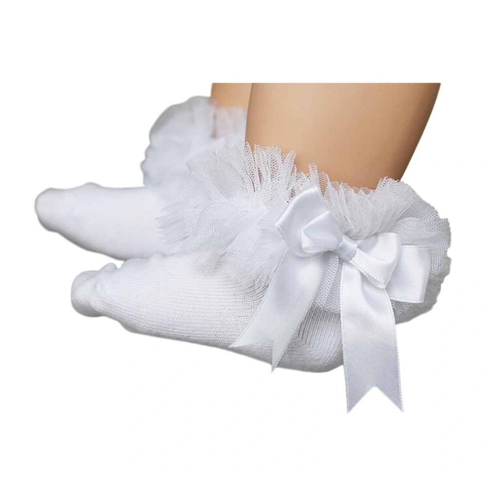 Baby Girls Lace Ruffle Frilly Mesh Ankle Socks Bowknot Cotton Short Socks Size M (White)