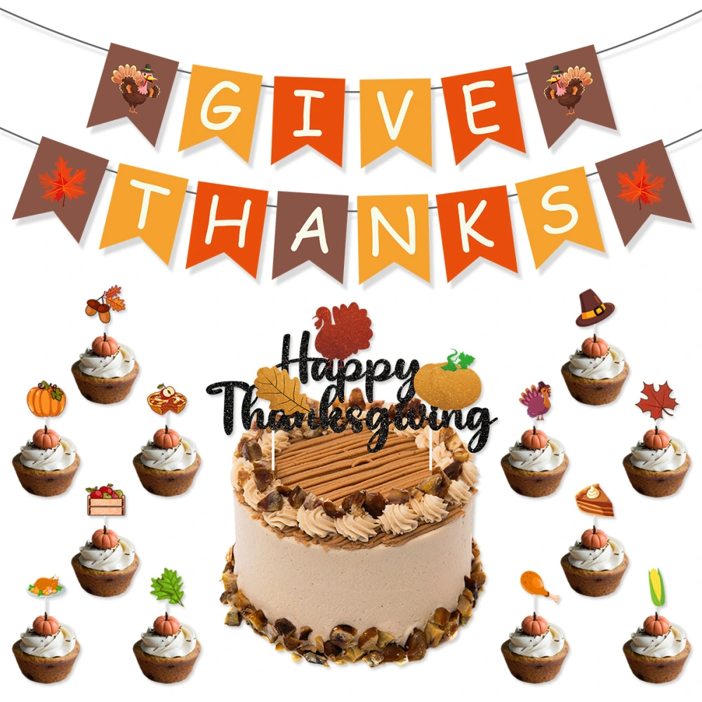 1 Set of Delicate Cake Decors Thanksgiving Theme Cupcake Decors Cartoon Cake Picks Party Banner