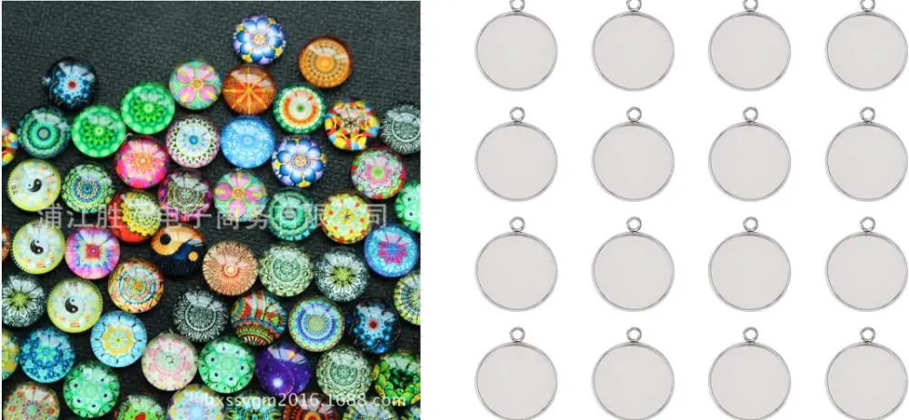 60pcs Glass Flatback Charms Empty Bezel Pendant Trays Set DIY Jewelry Making Accessories