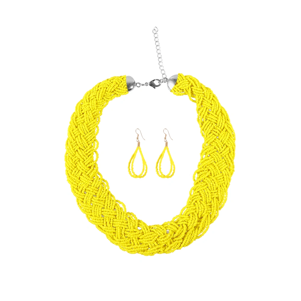 1 Set Bohemian Style Necklace Earrings Creative Hand-woven Clavicle Necklace Eardrops Set Fashion Ethnic Style Jewelry Set for Women Ladies (Yellow)