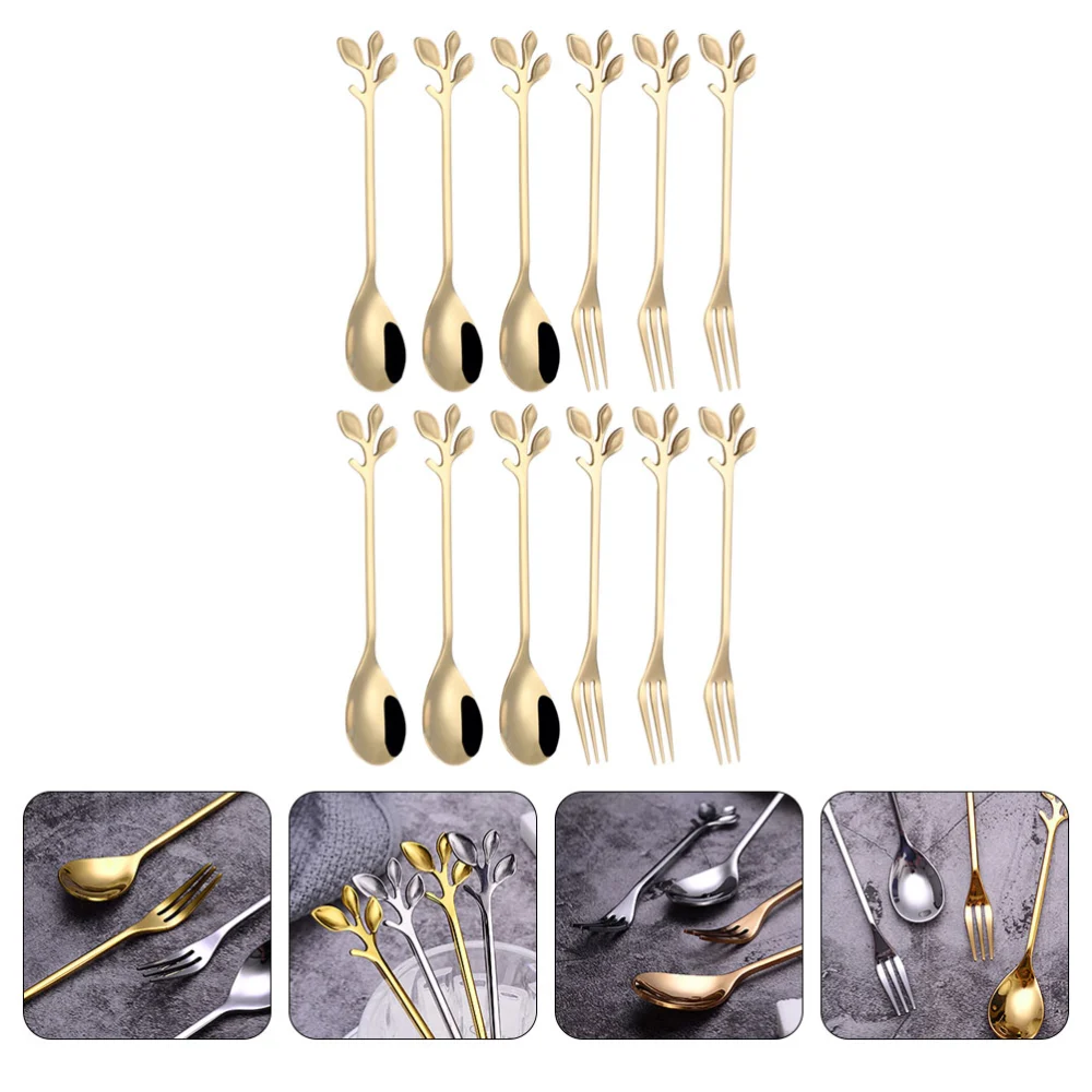 12pcs Dessert Spoon and Fork Set Stainless Steel Mixing Spoon Cake Forks